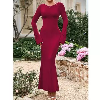 Женские платья осень-зима сексуальные элегантные облегающие с круглым вырезом и длинным рукавом XS чёрный