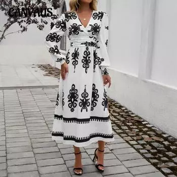 Женские платья осень-зима Temperament Collision Printing с V-образным вырезом и длинными рукавами S белый