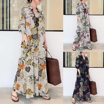 Женские платья Платье-рубашка с длинными рукавами с принтом Повседневные платья с карманами Простое свободное повседневное длинное платье-рубашка с лацканами S розы красного