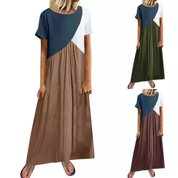 Женские платья Повседневные геометрические лоскутные платья ярких цветов с круглым вырезом и короткими рукавами Длинные платья Платья L коричневый