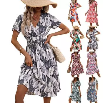 Женские платья Повседневные платья с коротким рукавом и V-образным вырезом с мелким цветочным принтом XL синий