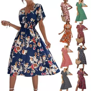 Женские платья Повседневные платья с коротким рукавом и V-образным вырезом с мелким цветочным принтом L