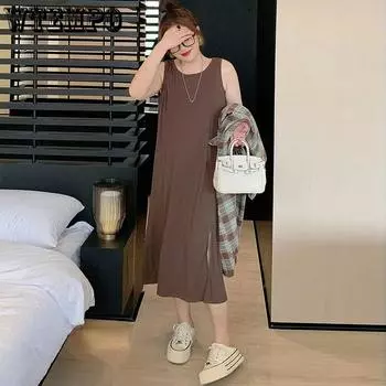 Женские платья Повседневный и универсальный нишевый дизайн, закрывающий живот Тонкое открытое платье-майка больших размеров L чёрный