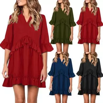 Женские платья-пуловеры с V-образным вырезом, свободные, однотонные, с оборками, весна-лето M чёрный