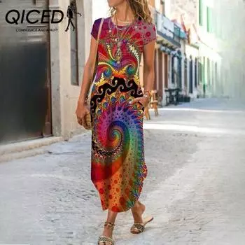 Женские платья QICED с круглым вырезом, карманами и короткими рукавами, с принтом S