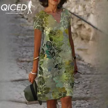 Женские платья QICED весна/лето с принтом и V-образным вырезом с коротким рукавом S разноцветный
