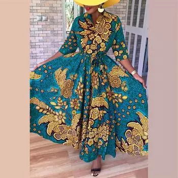 Женские платья-рубашки больших размеров с лацканами и рукавами 3/4 с цветочным принтом S синий