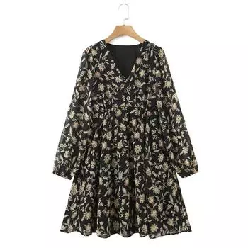 Женские платья с цветочным принтом из шифона с V-образным вырезом и длинными рукавами S чёрный