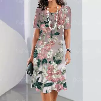 Женские платья с цветочным принтом Летнее элегантное платье Женские платья с коротким рукавом Модная одежда больших размеров S