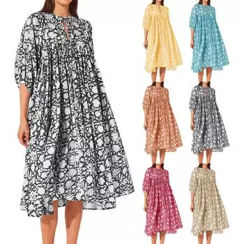 Женские платья с цветочным принтом, модные свободные повседневные летние платья с рукавами миди