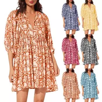 Женские платья с цветочным принтом, модные свободные повседневные летние платья с рукавами миди