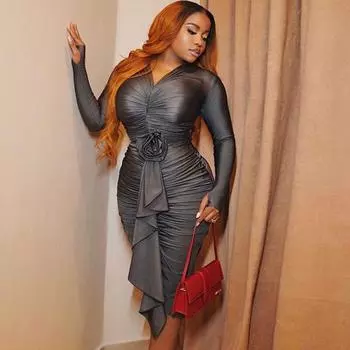 Женские платья с длинным рукавом и v-образным вырезом, с запахом розы S темно-серого