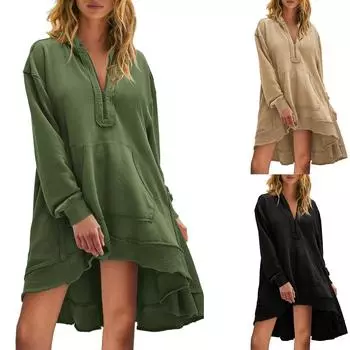 Женские платья с длинным рукавом, повседневное женское платье-майка с круглым вырезом и плиссированными оборками M армия зеленый