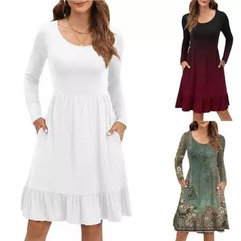 Женские платья с длинным рукавом, повседневное женское платье-майка с круглым вырезом и плиссированными оборками M зелёный