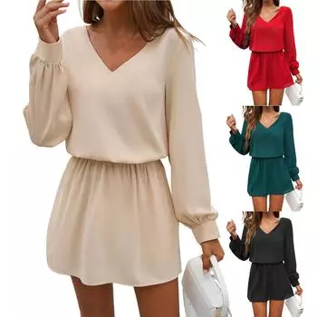 Женские платья с длинным рукавом Женские темпераментные повседневные однотонные платья с рукавами-фонариками M чёрный