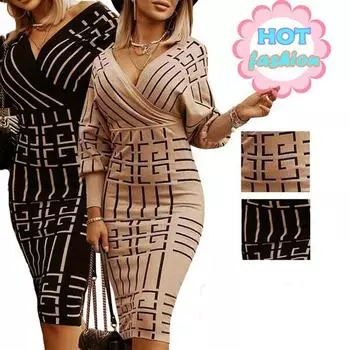 Женские платья с глубоким V-образным вырезом, ретро-платья с принтом, облегающее платье с длинным рукавом, большие размеры S миндальный