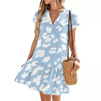 Женские платья с коротким рукавом и V-образным вырезом с цветочным принтом Свободные повседневные пляжные платья в стиле темперамент XXL