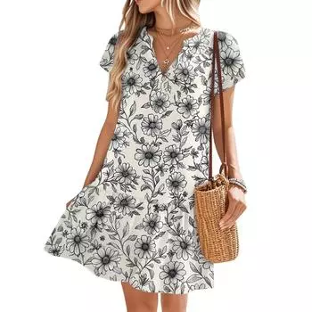 Женские платья с коротким рукавом и V-образным вырезом с цветочным принтом Свободные повседневные пляжные платья в стиле темперамент L циан