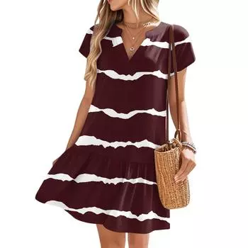 Женские платья с коротким рукавом и V-образным вырезом с цветочным принтом Свободные повседневные пляжные платья в стиле темперамент L винный