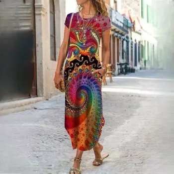 Женские платья с коротким рукавом и круглым вырезом, с карманами-вкладышами и принтом S