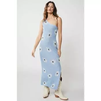 Женские платья с косыми плечами без рукавов с цветочным принтом и сексуальным разрезом, длинные трикотажные платья S светло-синий