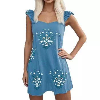 Женские платья с круглым вырезом и цветочным узором, плиссированные, с открытой спиной, короткие платья L синий