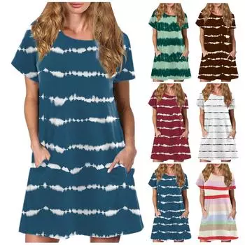 Женские платья с круглым вырезом и коротким рукавом, повседневные свободные летние платья в полоску с принтом, пляжные XXL зелёный
