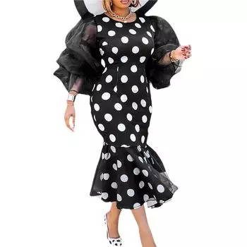 Женские платья с круглым вырезом и длинным рукавом в горошек S чёрный