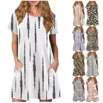 Женские платья с круглым вырезом и коротким рукавом, повседневные свободные летние платья с принтом, пляжные XXL камуфляжный