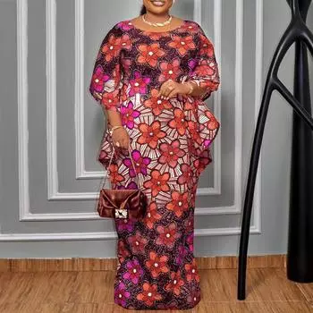 Женские платья с круглым вырезом и коротким рукавом с оборками и цветочным принтом больших размеров M
