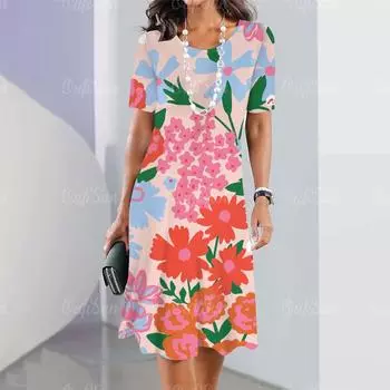 Женские платья с круглым вырезом, модная женская одежда, платье трапециевидной формы с 3d принтом, летняя праздничная одежда, женская свободная уличная одежда S
