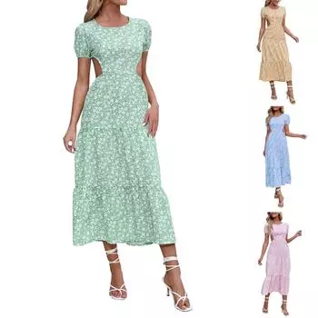 Женские платья с открытой спиной Повседневные богемные платья с круглым вырезом и короткими рукавами Многослойные платья с подолом Отпускные платья L зелёный