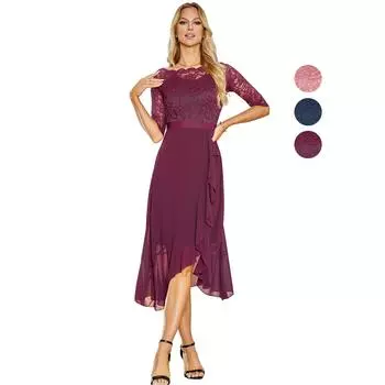 Женские платья с открытыми плечами, цветочный кружевной топ, шифоновая юбка, рукава 3/4, пояс, выпускной вечер, подружка невесты, свадебный гость, коктейльное платье, свободное платье S фиолетовый