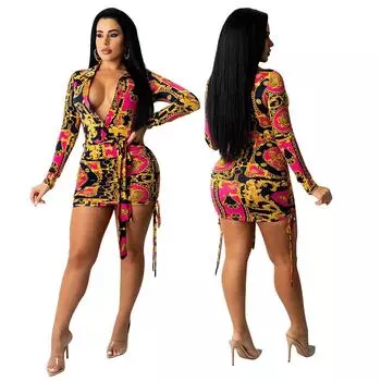 Женские платья с принтом V-образным вырезом и длинными рукавами для невесты, подружек невесты, свадебные короткие платья для вечеринок, мини-бальные платья S золотой