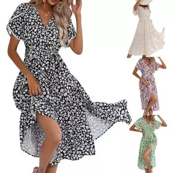 Женские платья с принтом V-образным вырезом, приталенные, средней длины, с коротким рукавом, нестандартные платья L белый