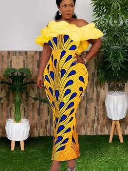 Женские платья с принтом, желтое облегающее платье до щиколотки с открытыми плечами и высокой талией, африканские вечерние платья с перьями и принтом для женщин