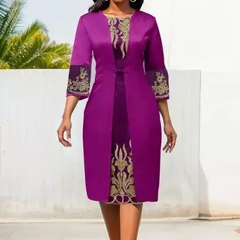 Женские платья с рукавами 3/4 и круглым вырезом из полиэстера, облегающее кружевное вечернее платье в стиле ретро с принтом