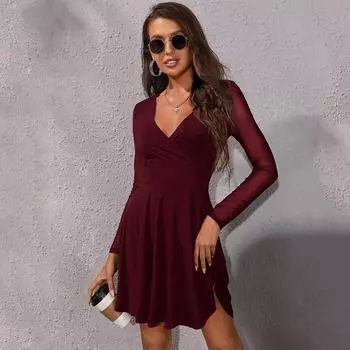 Женские платья с сетчатыми рукавами, А-силуэт, глубокий V-образный вырез, элегантное мини-платье, сетчатое вечернее платье, платье-фигуристка S вино красного
