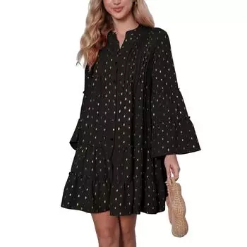 Женские платья с тиснением, плиссированные, расклешенные рукава, свободные, длинные рукава M чёрный