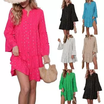 Женские платья с тиснением, плиссированные, расклешенные рукава, свободные, длинные рукава L чёрный