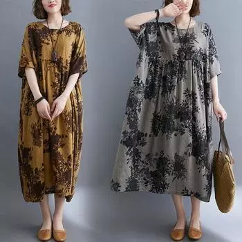 Женские платья с тонким круглым вырезом, повседневные, с принтом из хлопка и льна, с короткими рукавами, средней длины, весна-лето One Size жёлтый