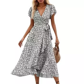 Женские платья с v-образным вырезом и цветочным принтом на талии и короткими рукавами L чёрный