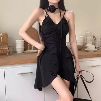 Женские платья с v-образным вырезом Y2k, однотонные черные цветы, винтажное весенне-летнее платье Vestidos Mujer, модное сексуальное мини-платье с высокой талией S чёрный