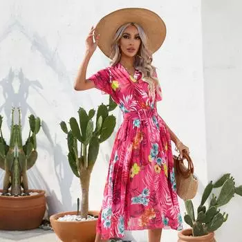 Женские платья с V-образным вырезом и цветочным принтом, плиссированные платья с короткими рукавами и завязками с цветочным принтом XL зелёный