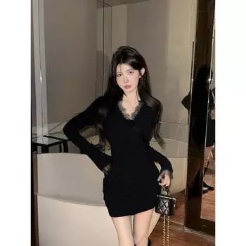 Женские платья с V-образным вырезом, кружевное пэчворк, осень-зима, сексуальное мини-платье, однотонное, корейская мода, базовые, винтажные, Vestidos Mujer S чёрный