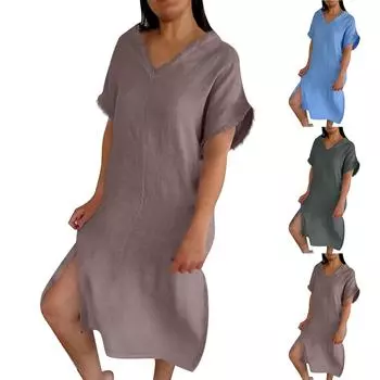 Женские платья с V-образным вырезом, коротким рукавом, свободные, повседневные, с кисточками, с разрезом XL коричневый