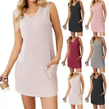 Женские платья с V-образным вырезом и карманом, жилет, однотонные повседневные платья L чёрный