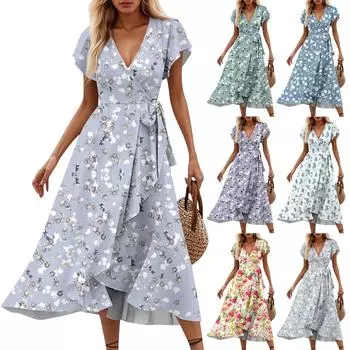 Женские платья с V-образным вырезом, приталенным цветочным принтом и коротким рукавом L