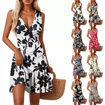 Женские платья с V-образным вырезом, приталенным цветочным принтом, без рукавов, сшитые по подолу XL