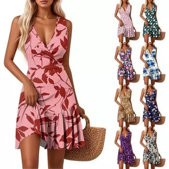 Женские платья с V-образным вырезом, приталенным цветочным принтом, без рукавов, сшитые по подолу XL